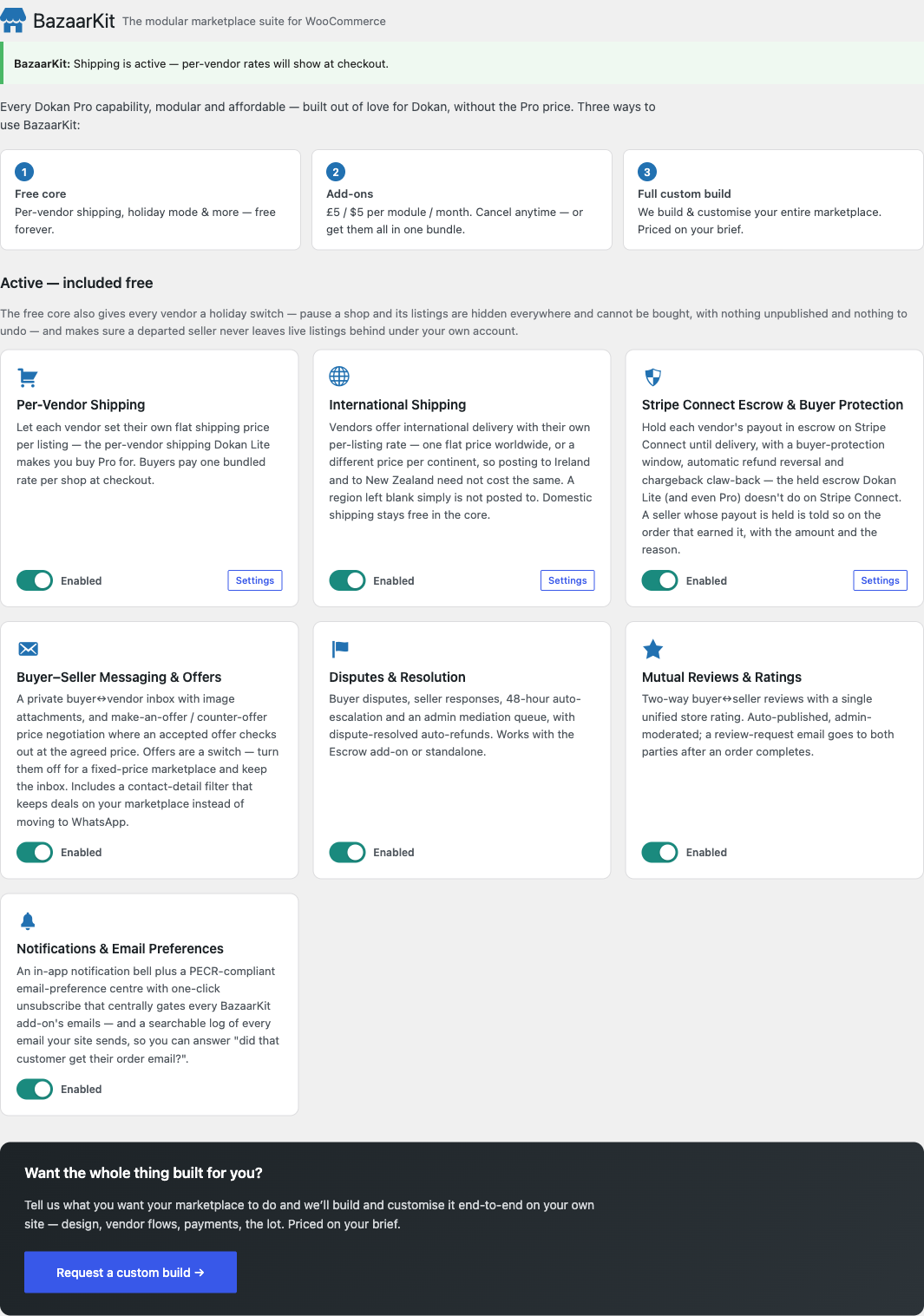 The BazaarKit Add-ons screen in WordPress admin, showing cards for Per-Vendor Shipping, International Shipping, Stripe Connect Escrow, Buyer–Seller Messaging, Disputes, Mutual Reviews and Notifications, each with an on/off toggle