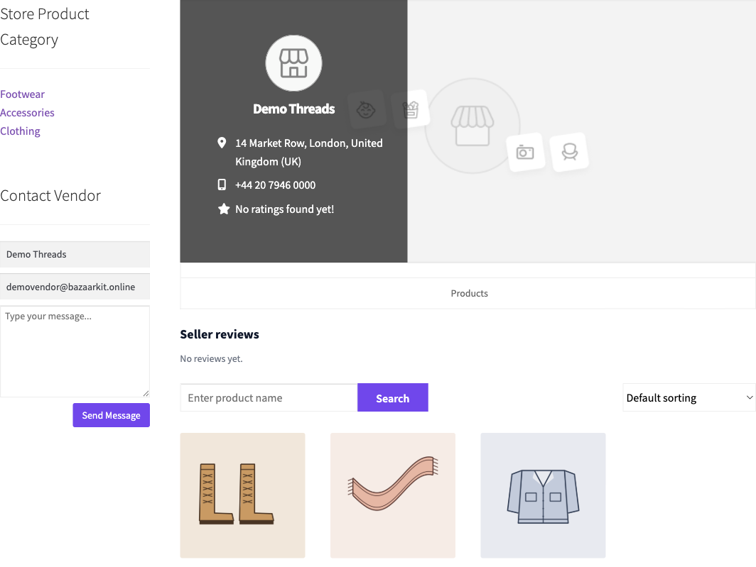 A vendor’s store page showing three products for sale
