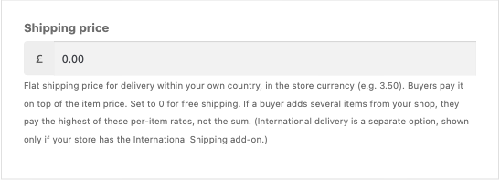 A vendor’s product editor showing only a domestic shipping price field