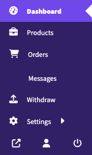 A vendor dashboard menu listing Dashboard, Products, Orders, Messages, Withdraw, Settings