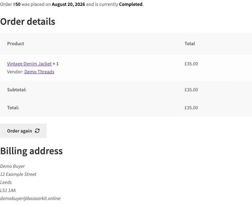 A buyer’s completed order page showing the order details and billing address only