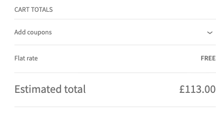 WooCommerce cart totals showing a single site-wide “Flat rate — FREE” shipping line for a basket of three items from one vendor
