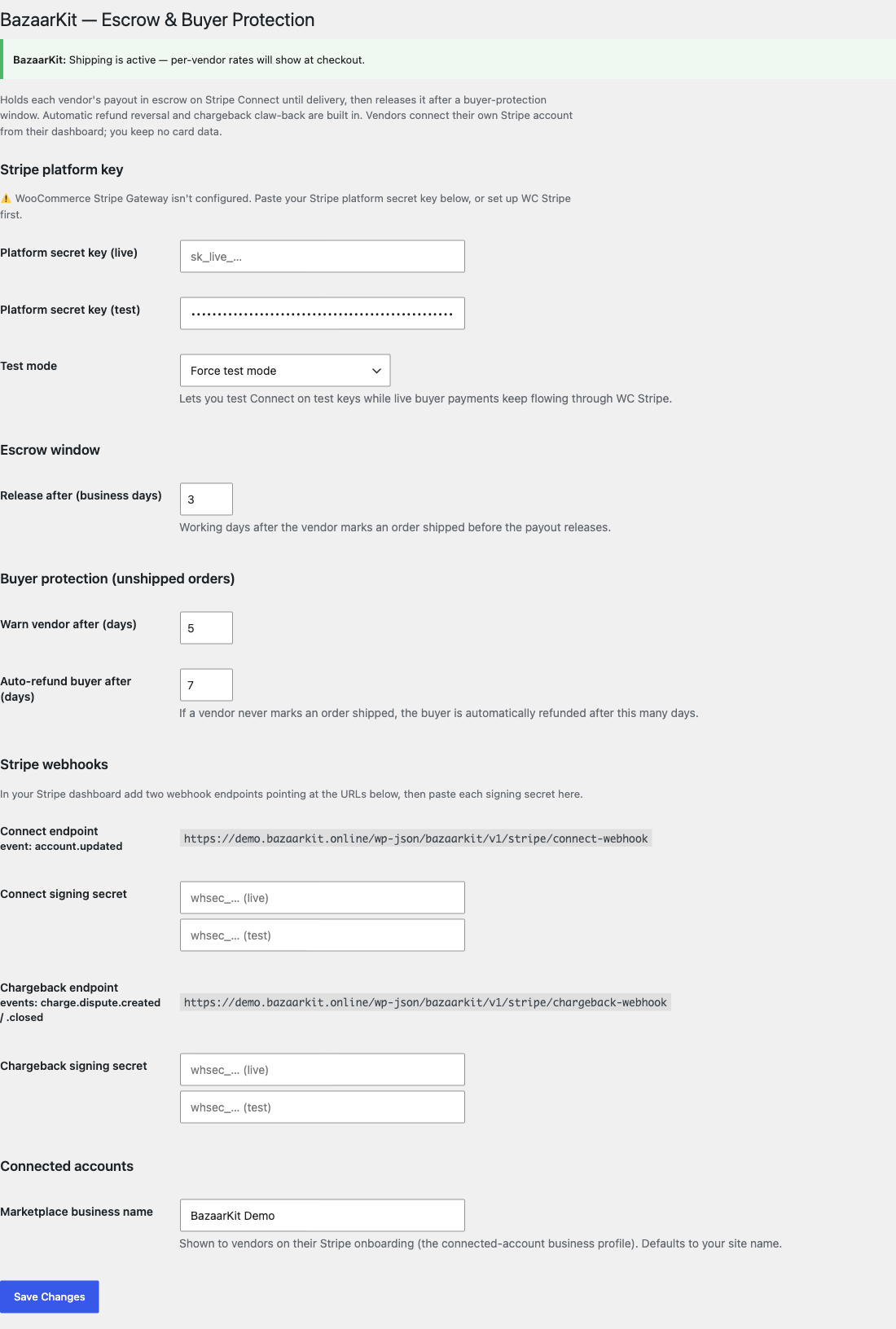 The BazaarKit Escrow settings screen in WordPress admin, with sections for the Stripe platform key including live and test secret keys and a test mode selector, an escrow window with release after business days, buyer protection days for warning the vendor and auto-refunding the buyer, the two Stripe webhook endpoint URLs with their signing secret fields, and the marketplace business name
