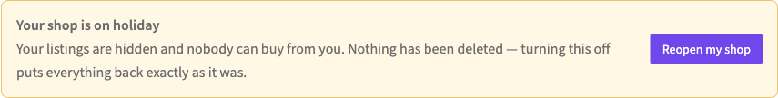 The paused state of BazaarKit holiday mode: an amber banner telling the vendor their listings are hidden and nobody can buy from them, that nothing has been deleted, and offering a button to reopen the shop