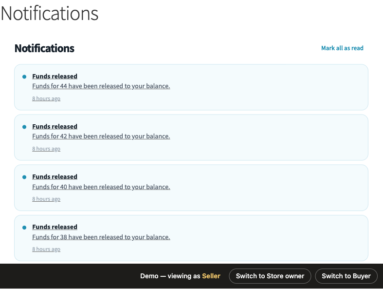 The BazaarKit notifications page on the front end, listing four Funds released notifications with unread dots, message text and relative timestamps, with a Mark all as read link in the header
