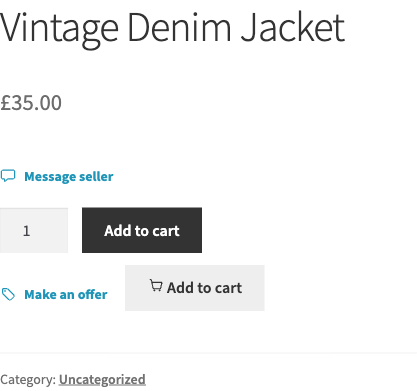 A BazaarKit product page showing the Message seller and Make an offer links beneath the item price