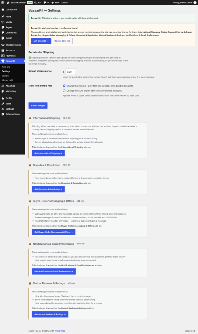 The BazaarKit settings screen on a site with no licence, showing the free per-vendor shipping settings active at the top and the paid add-on sections below them padlocked with a short explanation and a Get add-on button