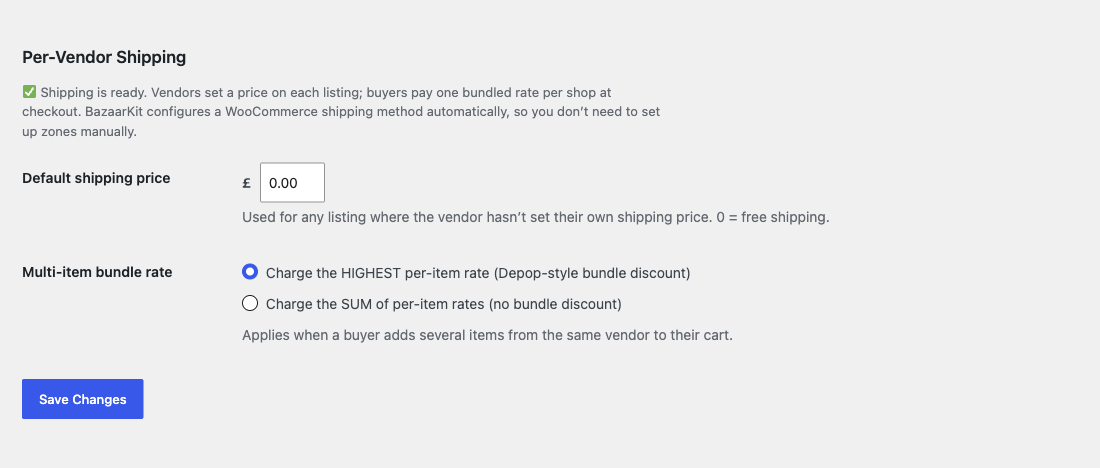 BazaarKit per-vendor shipping settings in WordPress admin, showing the default shipping price field and the multi-item bundle rate options