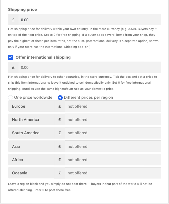 A Dokan vendor's product editor showing the domestic Shipping price box, a ticked Offer international shipping checkbox, radio buttons for One price worldwide or Different prices per region, and six continent rows for Europe, North America, South America, Asia, Africa and Oceania each showing a not offered placeholder